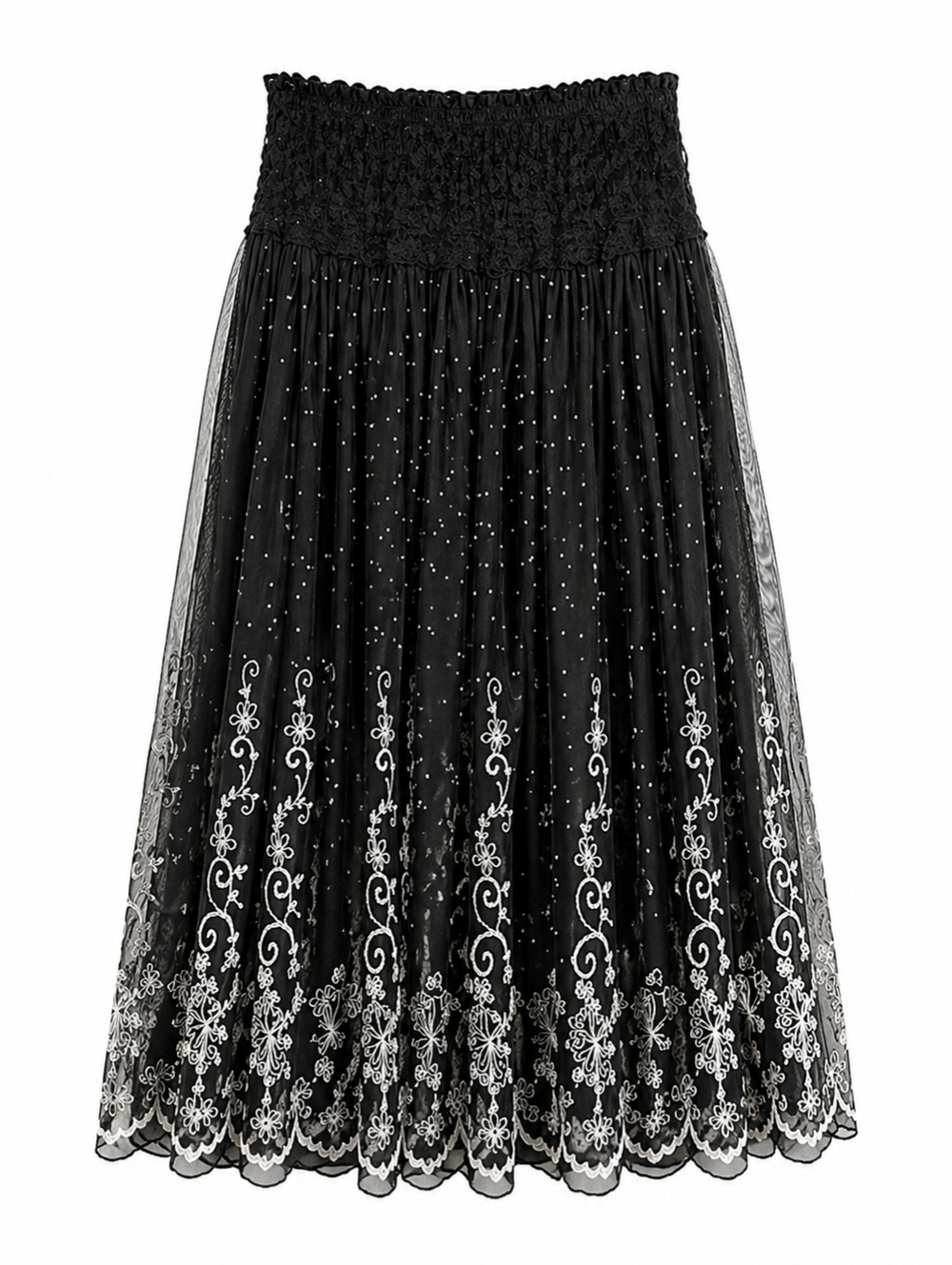 Black Lace Tulle Midi Skirt Textured Felt Floral Overlay Sheer Lined Size Small